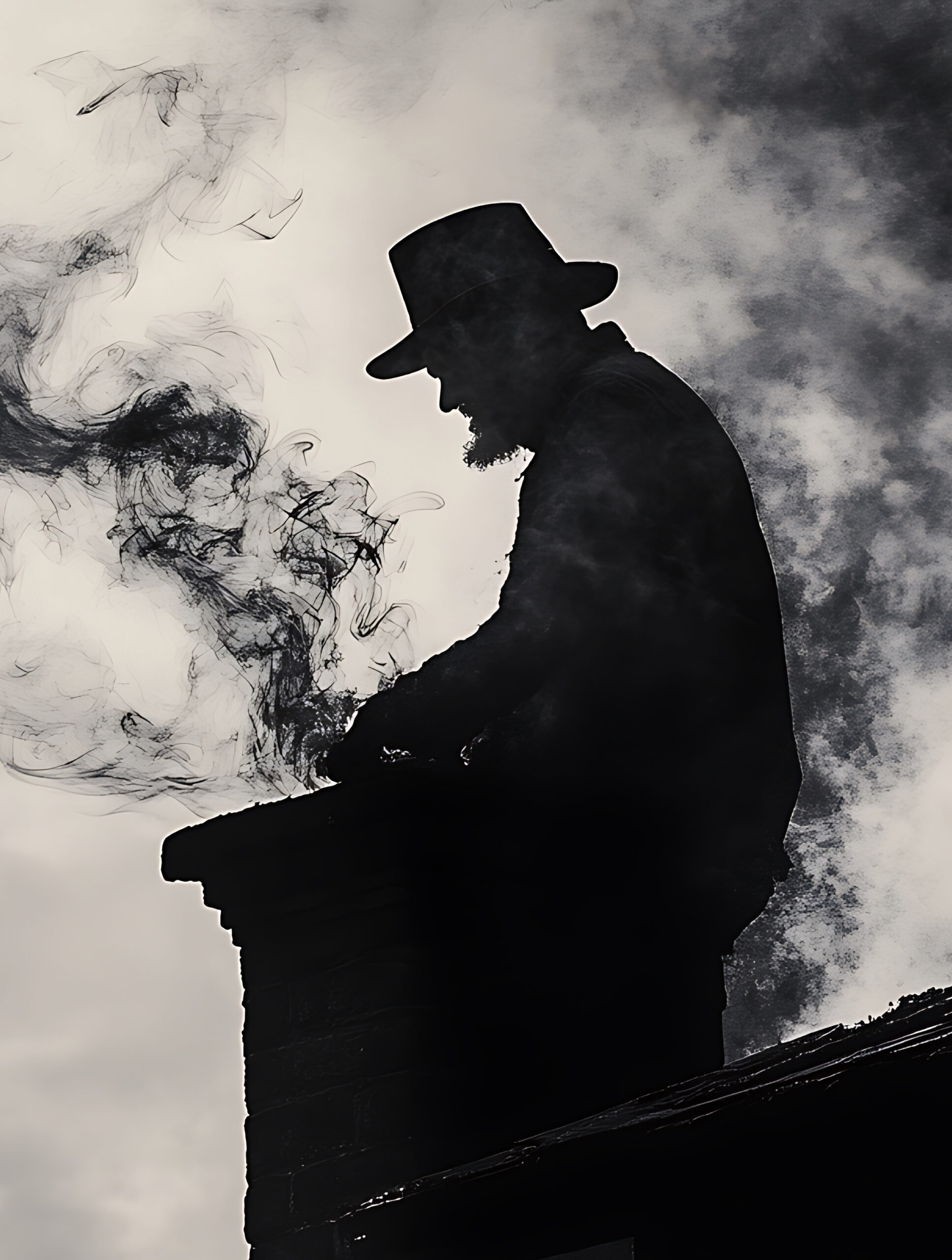 A man in a hat stands on a chimney with smoke rising from the chimney. The man is a silhouette against a cloudy sky. Schornsteinfeger AdobeStock 1066405150 scaled